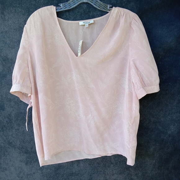 Madewell NEW Floral Silk Top Tie Sleeve V Neck Pindot Blooms Blouse XS - Picture 1 of 6